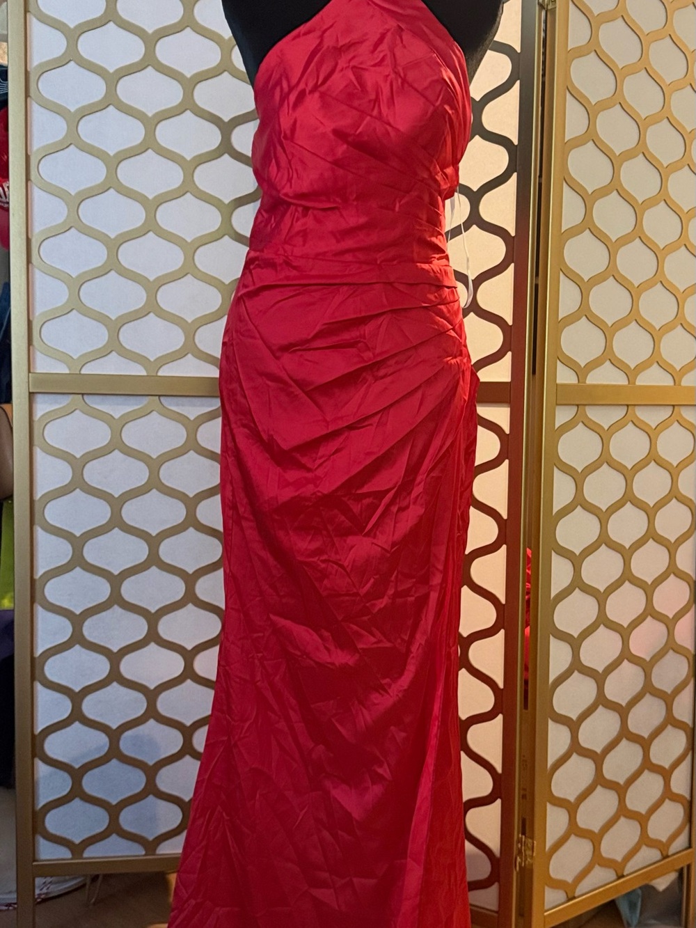 Strapless Red Ruched Evening Gown